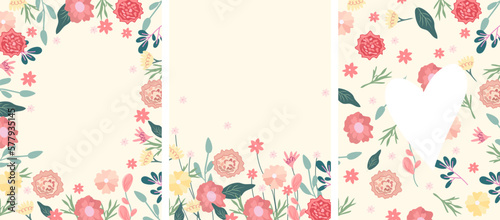 Bright spring illustrations with wildflowers, daisies, tulips, carnations and green leaves. Spring flowering. Ideal for greeting cards, cards, banners, posters. Vector graphics.