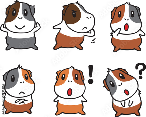 モルモットキャラのゆるい手描きセット3　(ガッツポーズ、考える、疑問 他)