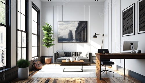 Modern Office Space Interior Design - Artistic Workspace series. White walls with light stained hardwood flooring, abstract art, and modern furnishings. Generative AI