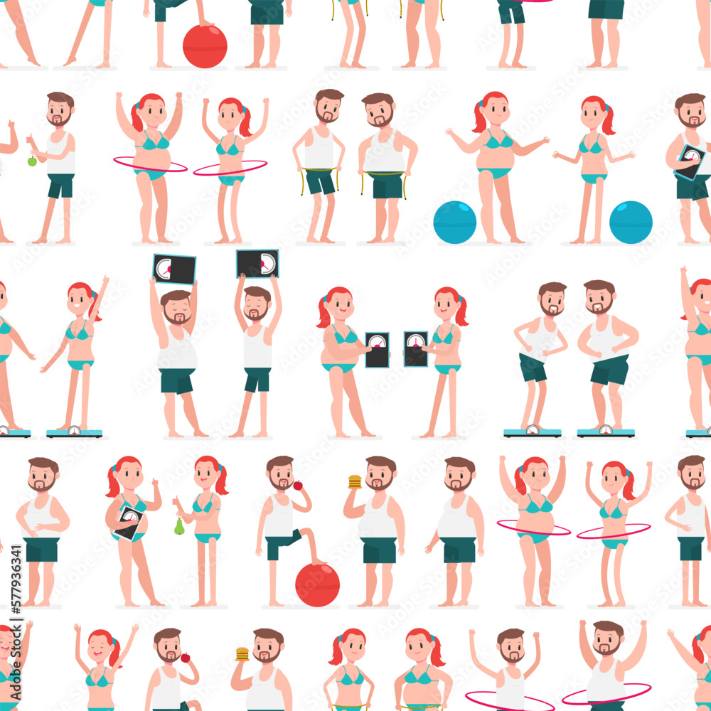 Fat and thin man and woman vector cartoon seamless pattern background for wallpaper, wrapping, packing, and backdrop.