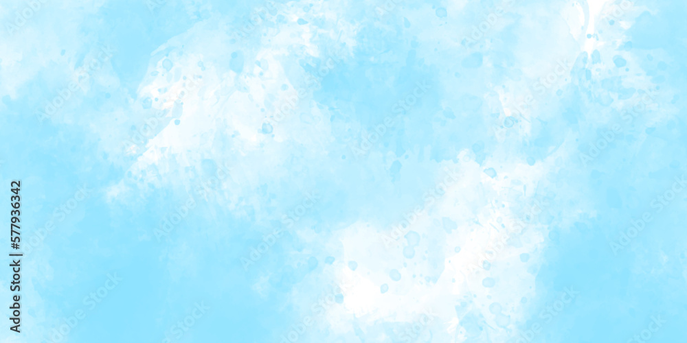 Blue watercolor sky background with white clouds illustration. Soft white clouds in light blue sky watercolor background.