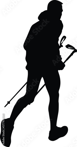 silhouette male athlete with trekking poles in his hands, uphill climb, black windbreaker, full length side view, vector illustration on white background
