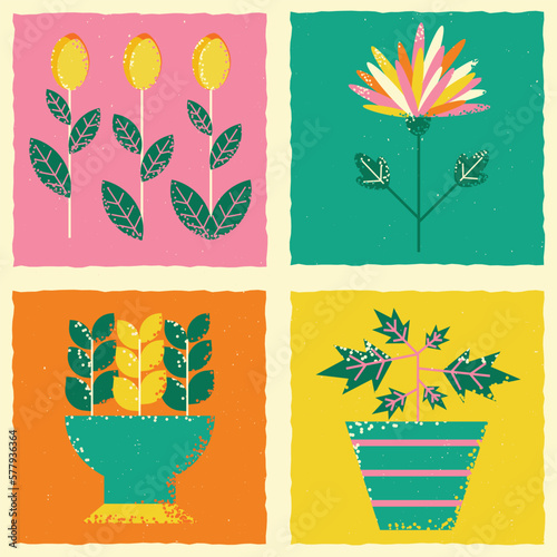 Vector illustration on the theme of flowers. Square template with tulips, plants, flowers in a pot, flower bed.