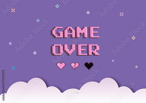 poster game over with a cloud and purple sky  8bit style background