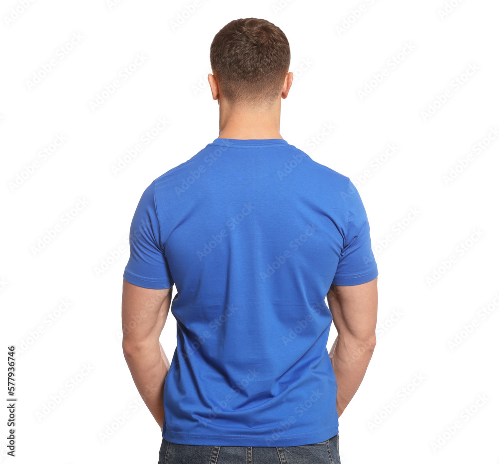 Fototapeta premium Man wearing blue t-shirt on white background, back view. Mockup for design