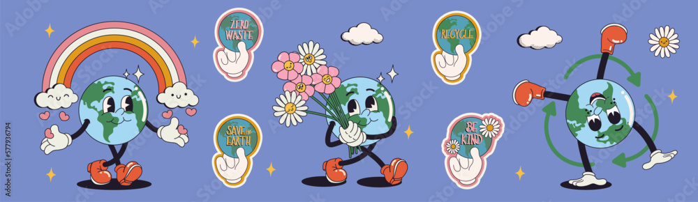Save the planet stickers in trendy retro cartoon style. Earth Day concept. World Environment Day. Motivational print design template with walking cartoon Earth Save the planet stickers in trendy retro cartoon style. Earth Day concept. World Environment Day. Motivational print design template with walking cartoon Earth