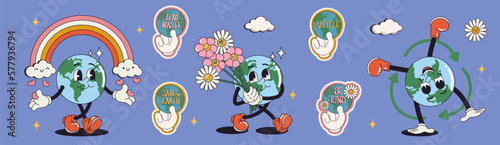 Save the planet stickers in trendy retro cartoon style. Earth Day concept. World Environment Day. Motivational print design template with walking cartoon Earth