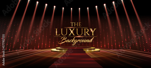 Red Carpet Platform Steps Golden Stage Spotlights Royal Awards Graphics Background. Lights Elegant Shine Modern Template. Dotted Luxury Premium Corporate Template. Classy Abstract trophy banner. photo