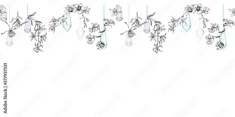 Hand drawn vector ink orchid flowers and branches, monochrome, detailed outline. Horizontal seamless banner. Isolated on white background. Design for wall art, wedding, print, tattoo, cover, card.