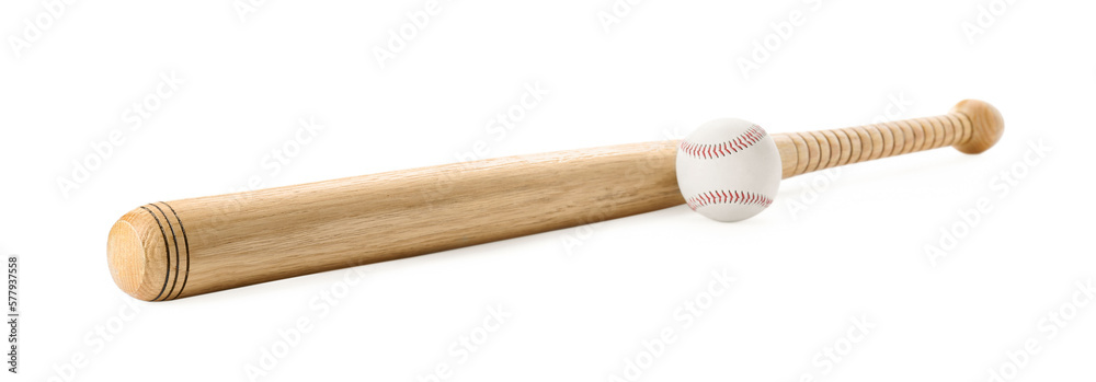 Wooden baseball bat and ball on white background. Sports equipment Wooden baseball bat and ball on white background. Sports equipment