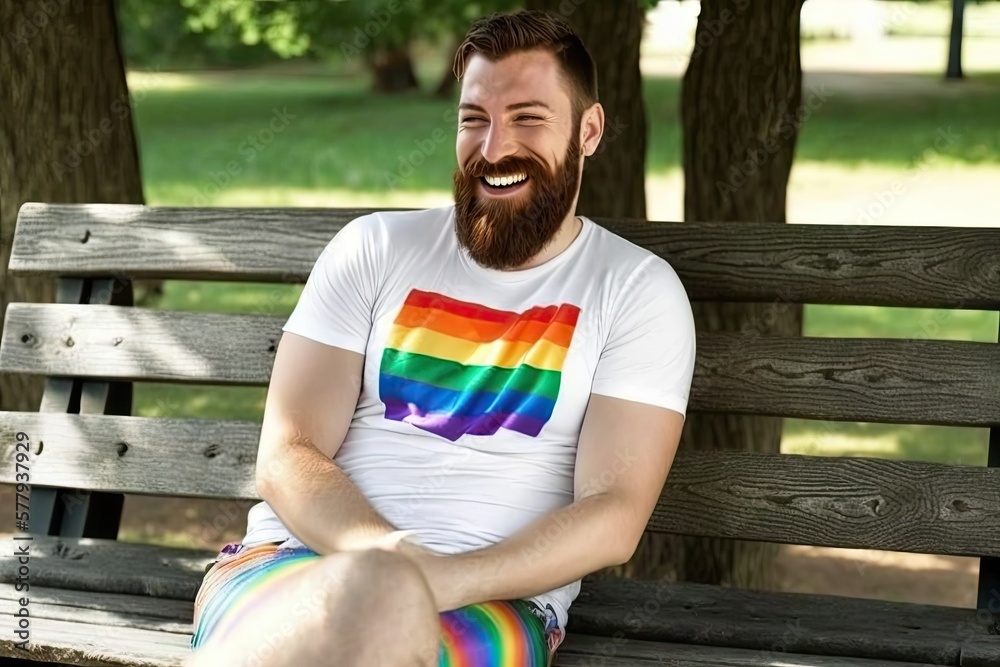 IA generated a gay bearded man wearing a white t-shirt with the colors of  the pride flag sitting on a park bench. Stock Illustration | Adobe Stock