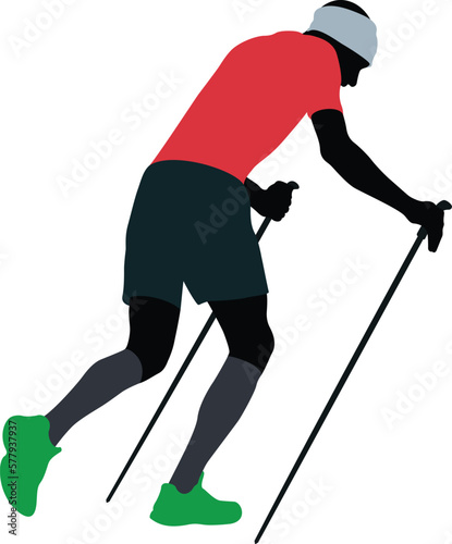 male athlete climbing uphill with trekking poles skyrunning competition, bandana on his head, red shirt, black shorts and compression socks vector illustration on white background