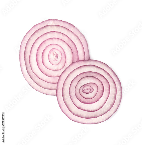 Fresh slices of red onion isolated on white, top view