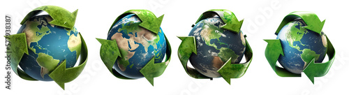 Foto Four different images of the earth surrounded by the recycle logo on a transpare