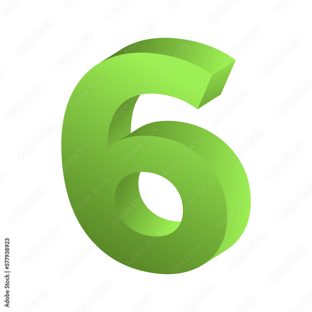 3d rendering green number 6 isolated png file