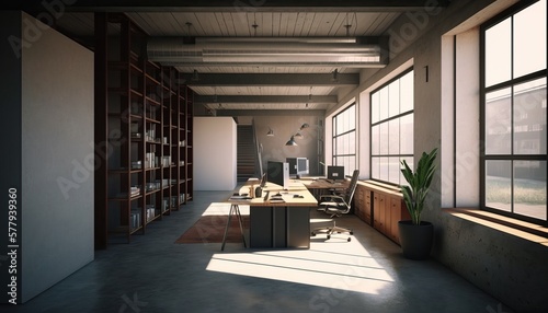 Modern Office Space Interior Design - Industrial Edge series. White walls with concrete flooring  light wood accents  and exposed ductwork. Generative AI