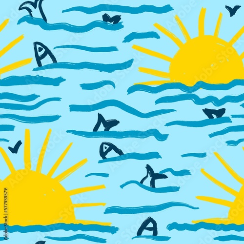 Hand drawn seamless pattern with sun in ocean sea waves and navy blue fish. Turquoise background coastal nautical marine design, sunset relax summer holiday art, colorful minimalist style. © Marina Lahereva