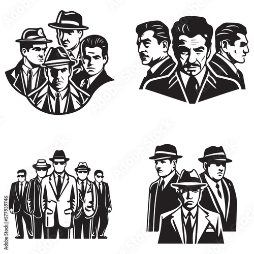 Mafia silhouette vector, Detective silhouette vector isolated on white background, mafia and detective hand drawing sketch clipart 