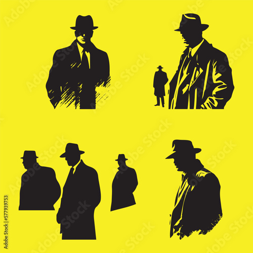 Mafia silhouette vector, Detective silhouette vector isolated on yellow background