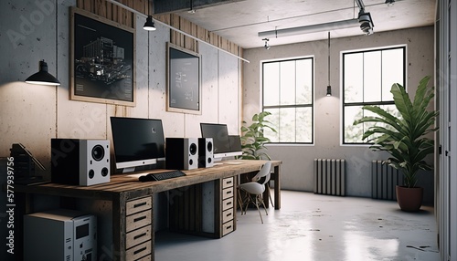 Modern Office Space Interior Design - Industrial Edge series. White walls with concrete flooring, light wood accents, and exposed ductwork. Generative AI