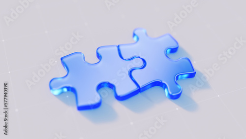 Two connected blue puzzle pieces on white - 3d rendering