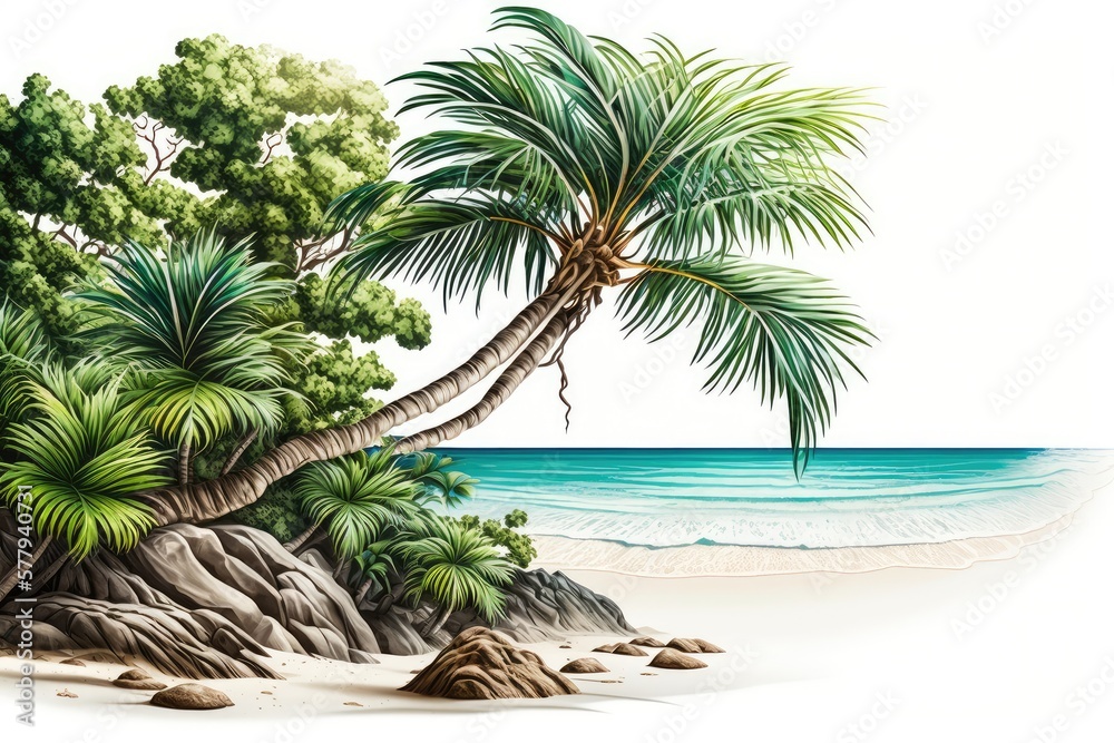 Fototapeta premium Seascape with palm tree, tropical beach background. sea and sky. Spring vacation background concept.