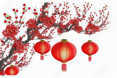 Red Lanterns Chainess New year. tree, flowers, bloom in the morning . atmosphere. High resolution. Isolated on White Background. photo