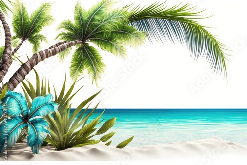 Seascape with palm tree  tropical beach background. sea and sky. Spring vacation background concept.