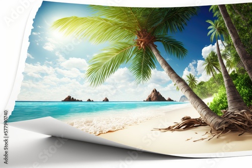 Seascape with palm tree, tropical beach background. sea and sky. Spring vacation background concept.