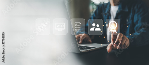 businessman working with computers  service Quality assurance, Guarantee, Standards, ISO .
