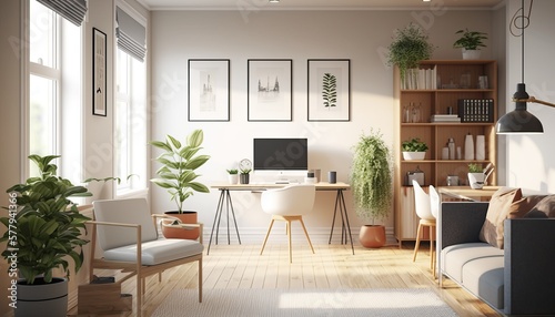 Modern Office Space Interior Design - Bright   Airy series. White walls  light wood flooring and natural light  with pops of green from indoor plants. Generative AI