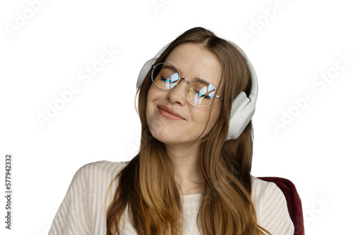 A woman listening to music or an audiobook with headphones calm and harmony, transparent background, isolated, png.