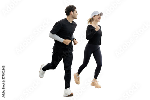 Sports people man and woman jogging full-length, transparent background, isolated, png.