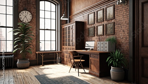 Modern Rustic - Modern Office Space Interior Design. White walls with exposed brick and stained wood paneling, with natural textured furnishings. Generative AI