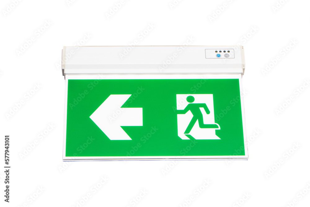 Fire exit green emergency exit signs isolated on cutout PNG. Warning