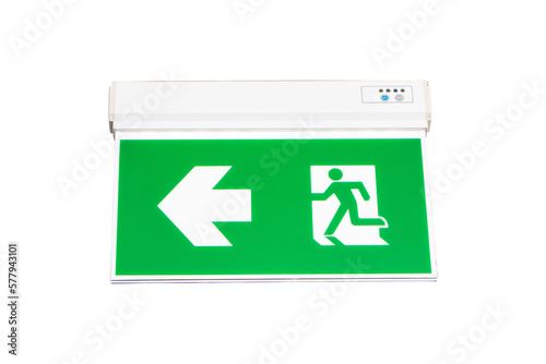 Fire exit green emergency exit signs isolated on cutout PNG. Warning plate with running man icon and arrow to left way. Fire escape sign hang on ceiling in the dark building near stairway.