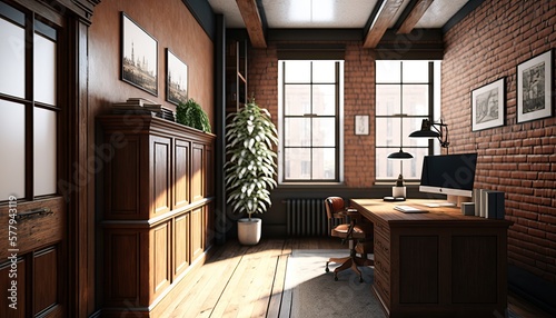 Modern Rustic - Modern Office Space Interior Design. White walls with exposed brick and stained wood paneling, with natural textured furnishings. Generative AI