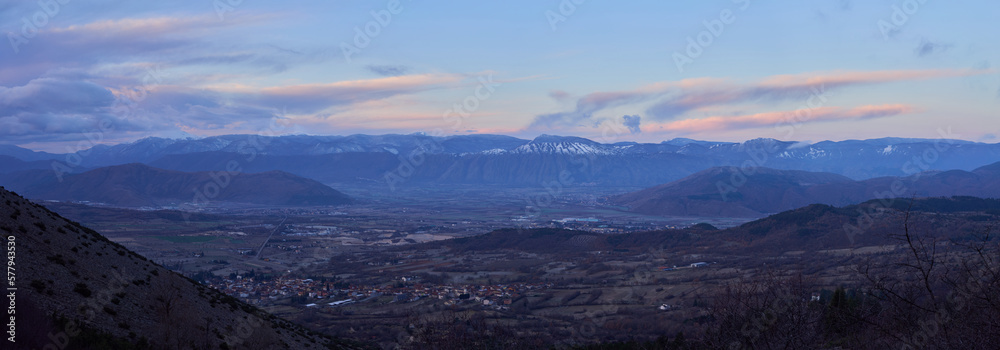 Panoramic view from Sirente Velino Natural Regional Park in Abruzzo at dawn, Italy
