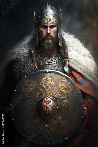 Portrait of a Slavic warrior holding a shield. Generative AI