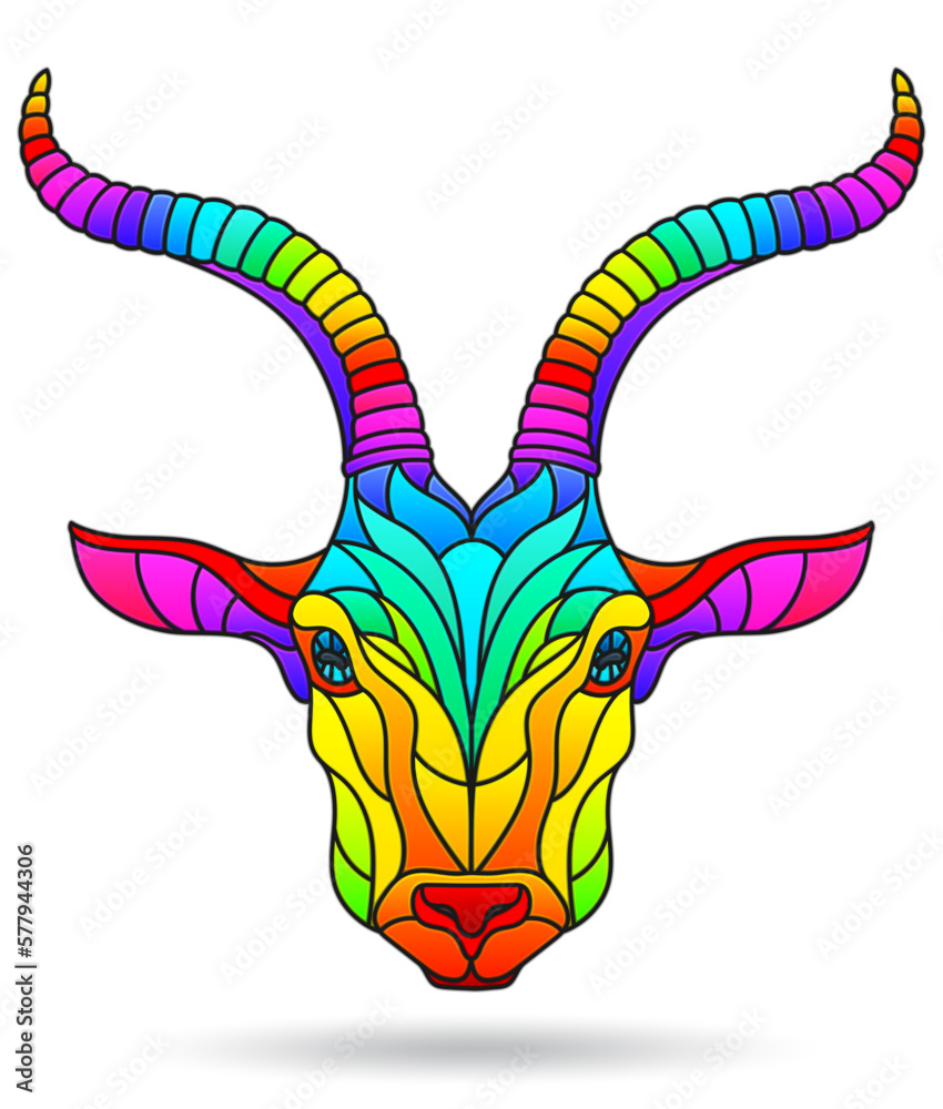 Stained glass illustration with animal head, a goat  isolates on white background