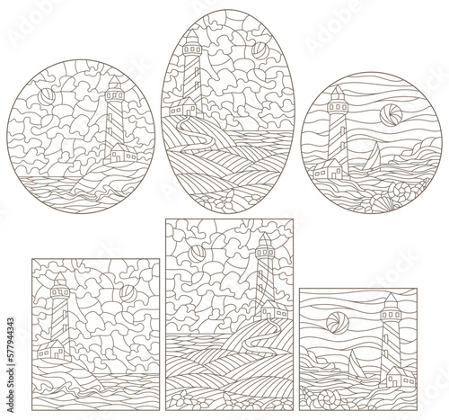 Set of contour illustrations of stained glass Windows with seascapes, lighthouses on the background of the sea and the Sunny sky