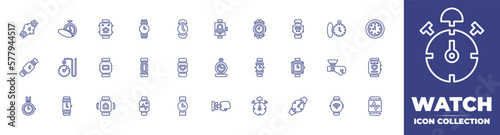 Watch line icon collection. Editable stroke. Vector illustration. Containing watch, smart watch, pocket watch, clock, digital watch, fitness watch, hologram, smartwatch, sport watch, and more.