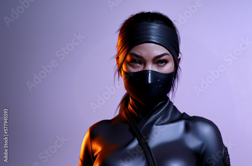 a women ninja with a black mask on his face covering his face. Generative AI.