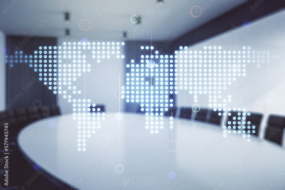 Abstract creative world map interface on a modern conference room background, international trading concept. Multiexposure Abstract creative world map interface on a modern conference room background, international trading concept. Multiexposure