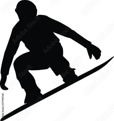 athlete snowboarder jump and flight snowboarding competition, side view, black silhouette sports vector illustration on white background