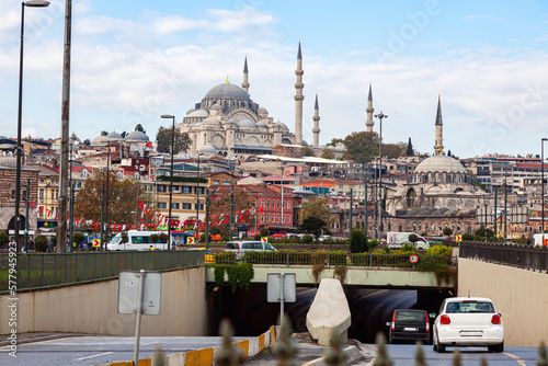 View of Istabul cityscape with the famous Blue Mosque or Sultan Ahmed Mosque and traffic in the old town. photo