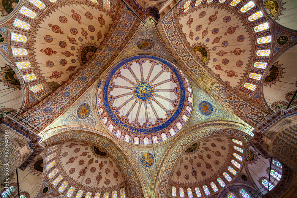 View of interior geometric painting at the ceiling of Blue Mosque or Sultan Ahmed Mosque in Istanbul, Turkey.