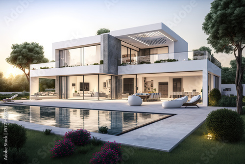 Luxury property with pool and terrace in contemporary style, large family vacation home of new residential structure, generative AI