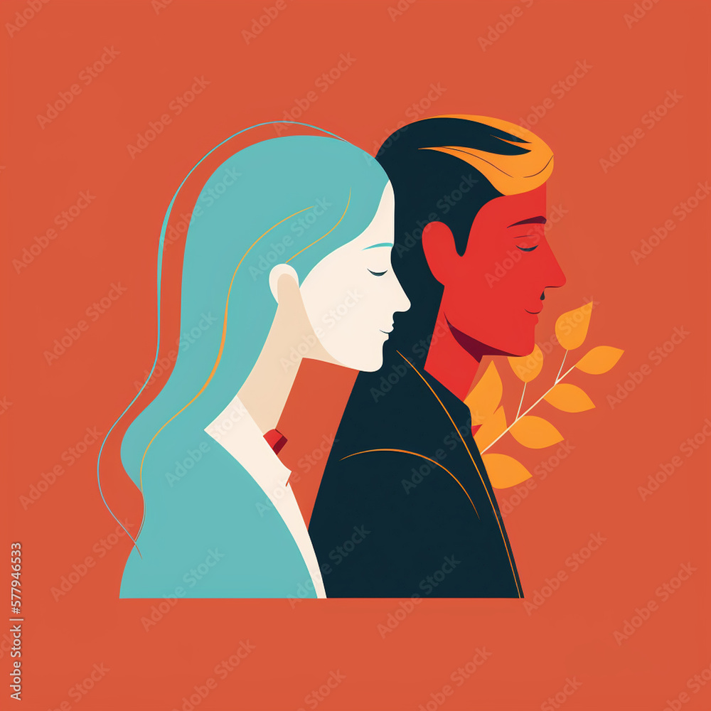 Flat style, illustration, vector, icon, simple, design of a man and a woman becoming a couple, Generative AI