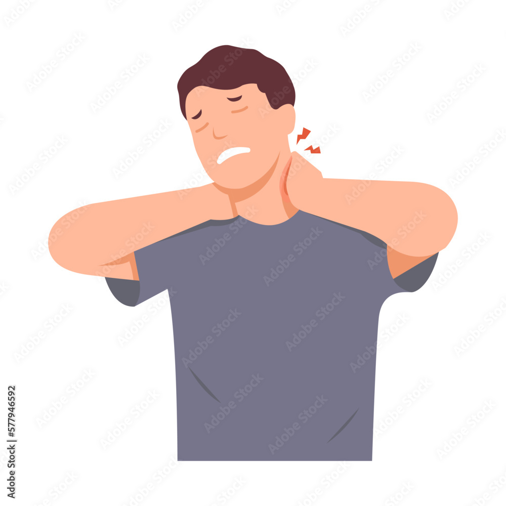 neck pain. Young worker or businessman touches his neck because he feels pain. The face of a person in pain. flat style neck pain. Young worker or businessman touches his neck because he feels pain. The face of a person in pain. flat style